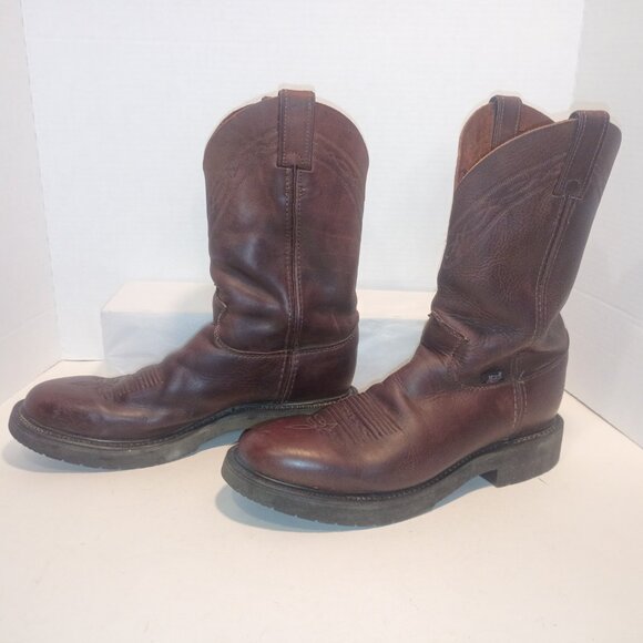 JUSTIN Men's Sz 9.5D Brown Leather Pull-on Round Toe Western Work Boots - Picture 2 of 12